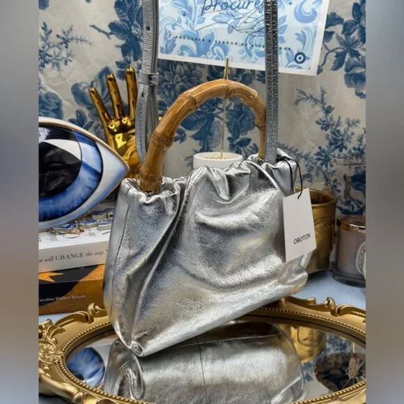 🆕 OROTON 🧿 NWT Gretel Mini Top Handle, Metallic Silver - Picture 3 of 16
